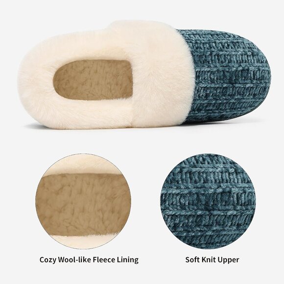 ⚡Women's Green Fuzzy Memory Foam Slippers Closed Back Knit Slip-On House Shoes - Picture 4 of 5